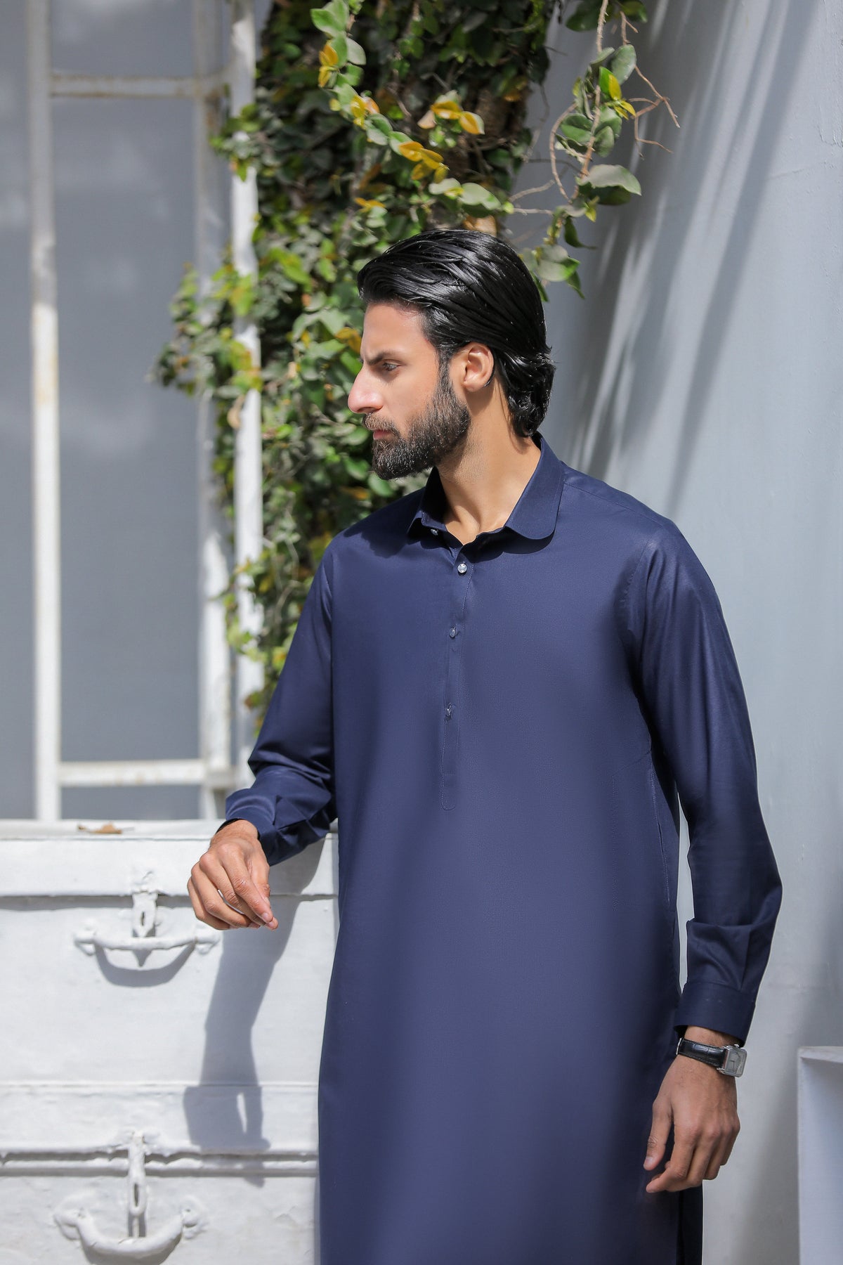 Stitched Round Collar Kameez Shalwar for Men - Navy Blue