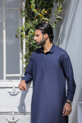 Stitched Round Collar Kameez Shalwar for Men - Navy Blue