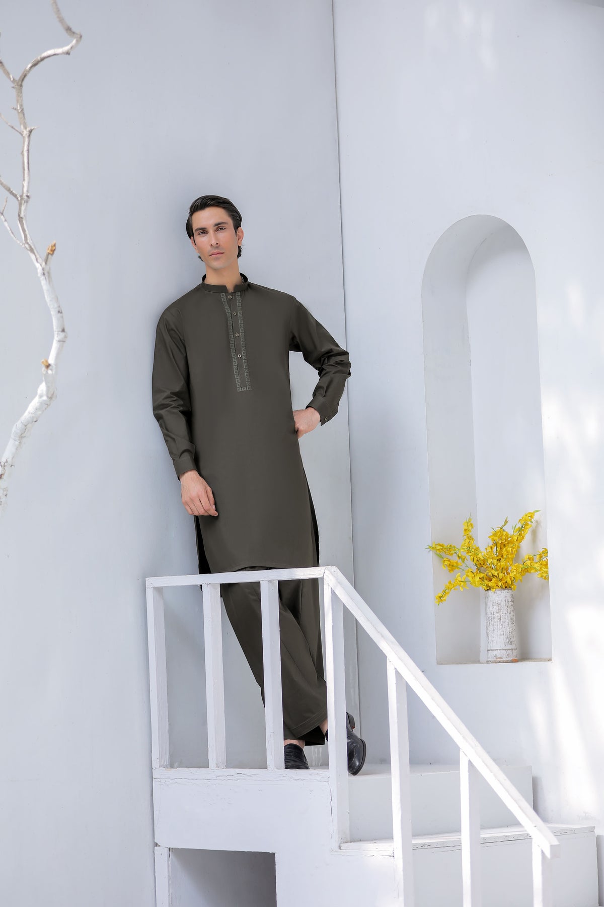 Stitched Cross Stitch Embroidered Kurta Shalwar for Men - Dark Olive