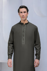 Stitched Cross Stitch Embroidered Kurta Shalwar for Men - Dark Olive