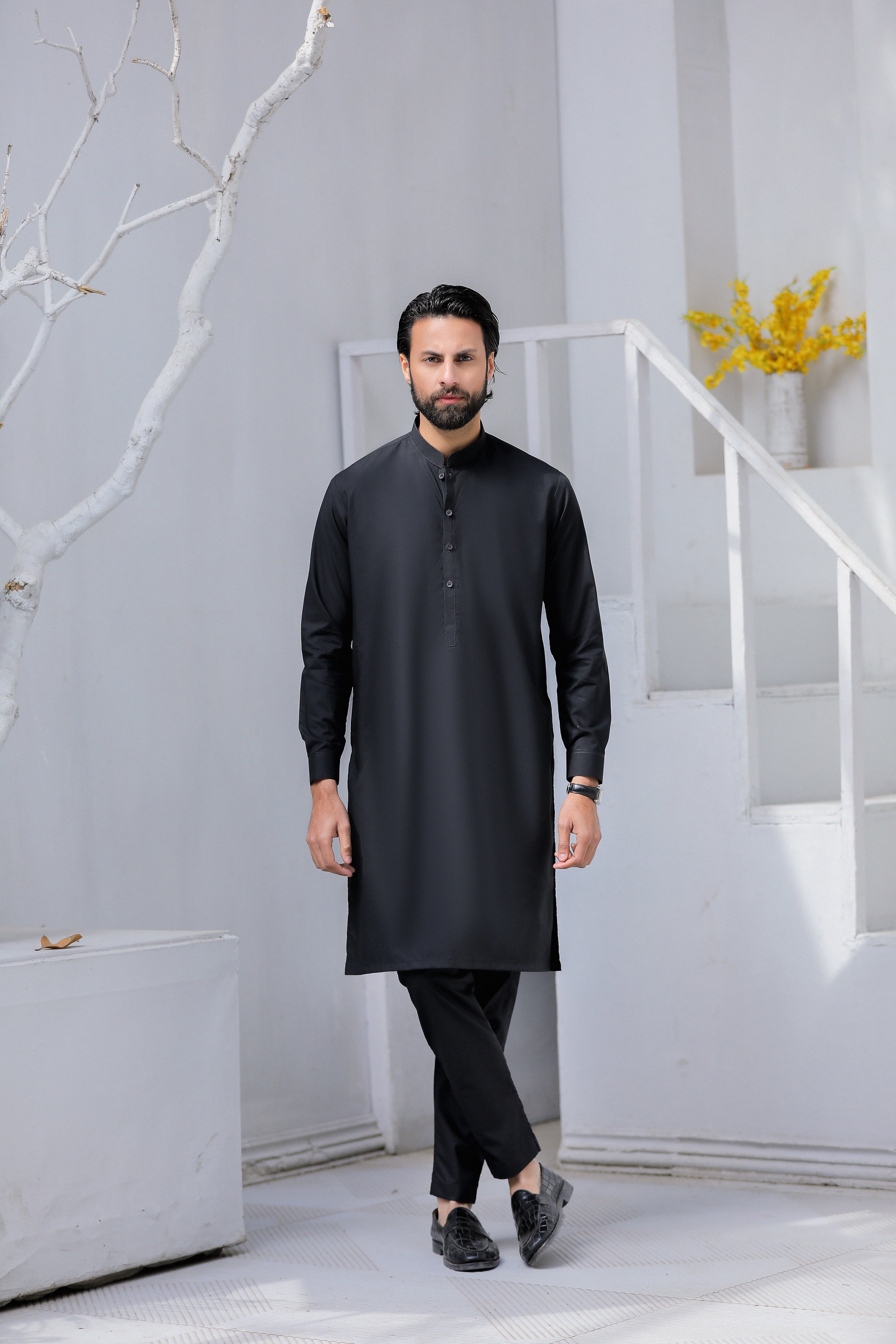 Black Blended Kurta With Matching Trouser