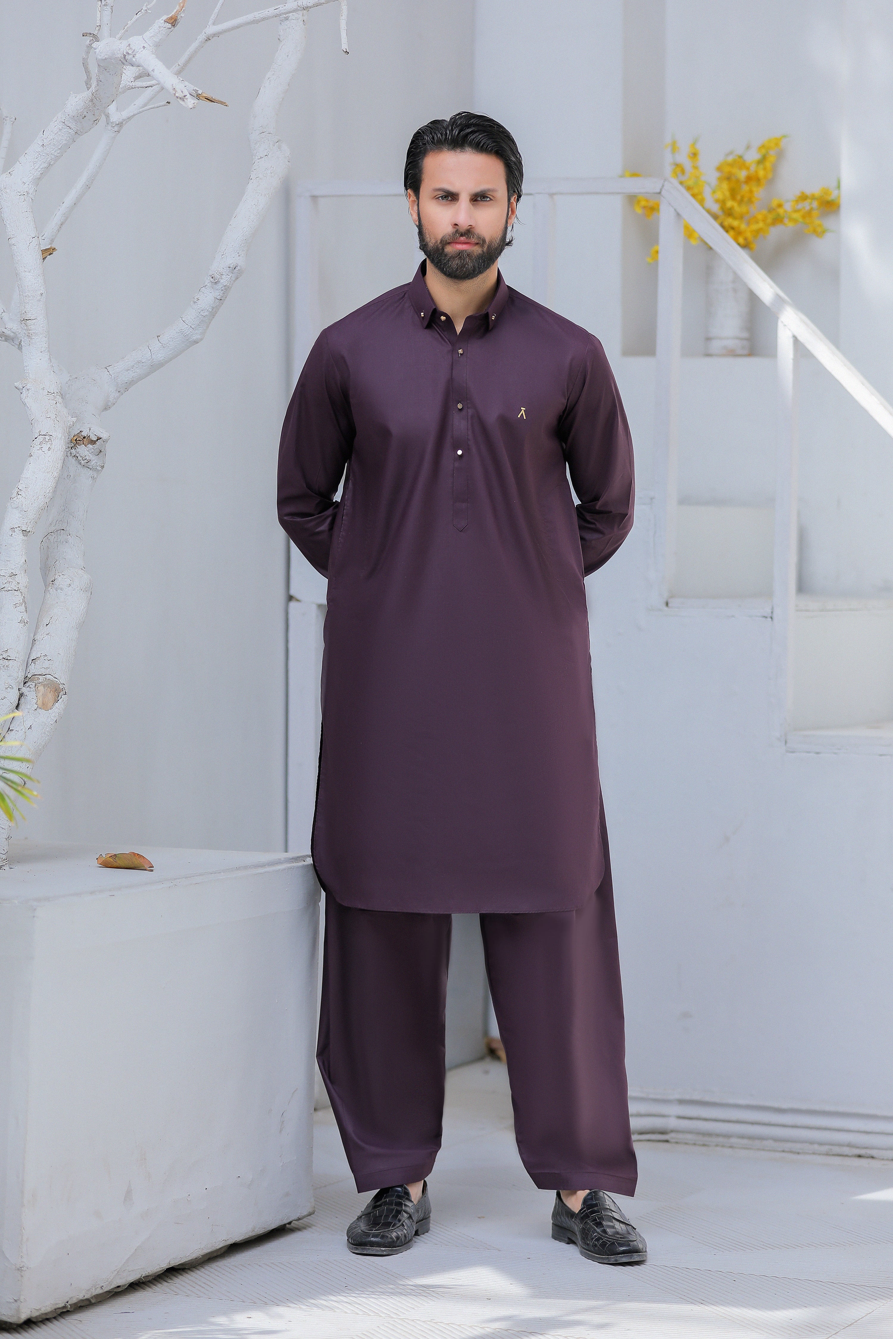 Signature Logo Dark Purple Shalwar Kameez With Golden Buttons