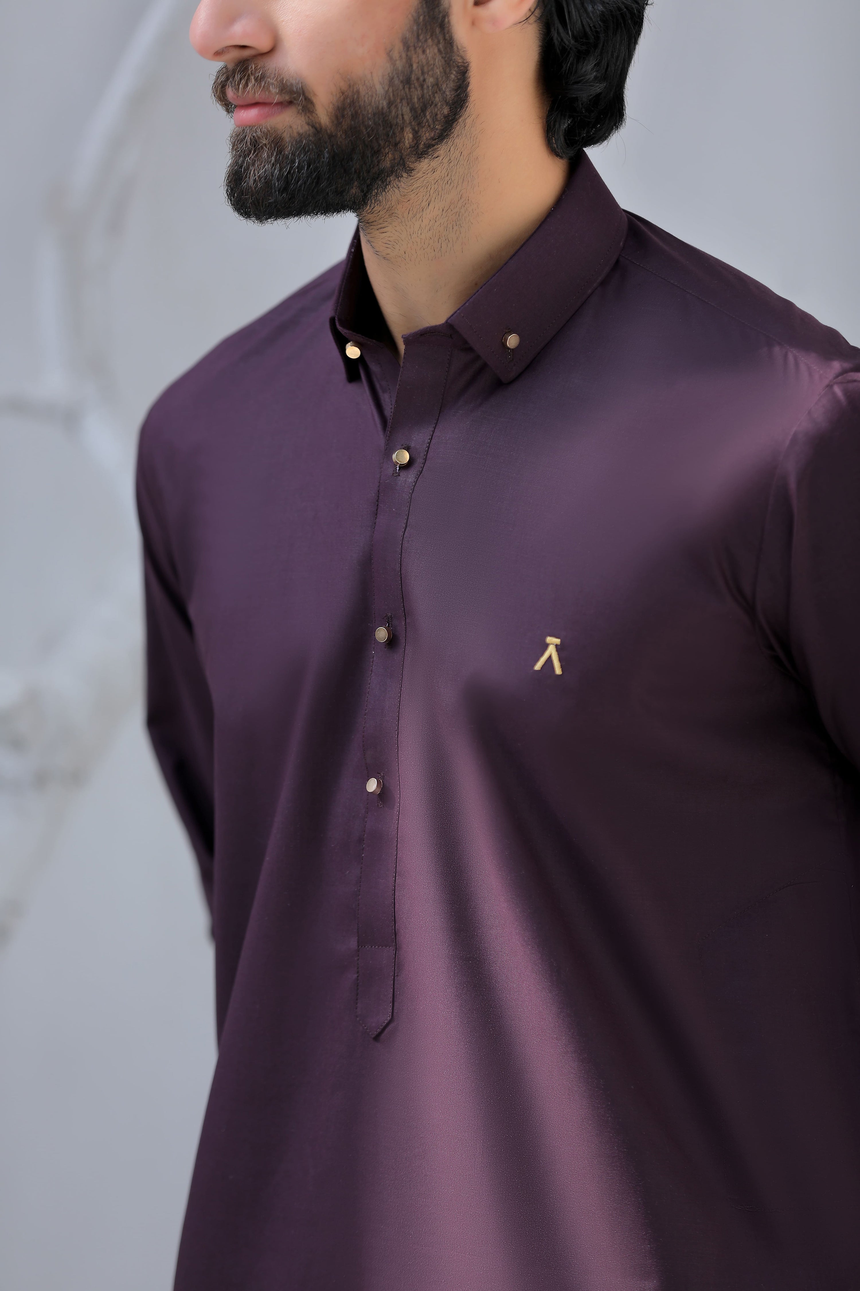 Signature Logo Dark Purple Shalwar Kameez With Golden Buttons