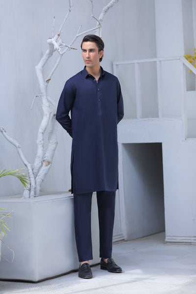 Navy Blue Collar Kurta With Matching Trouser