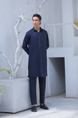 Stitched Collar Kurta With Matching Trouser for Men - Navy Blue