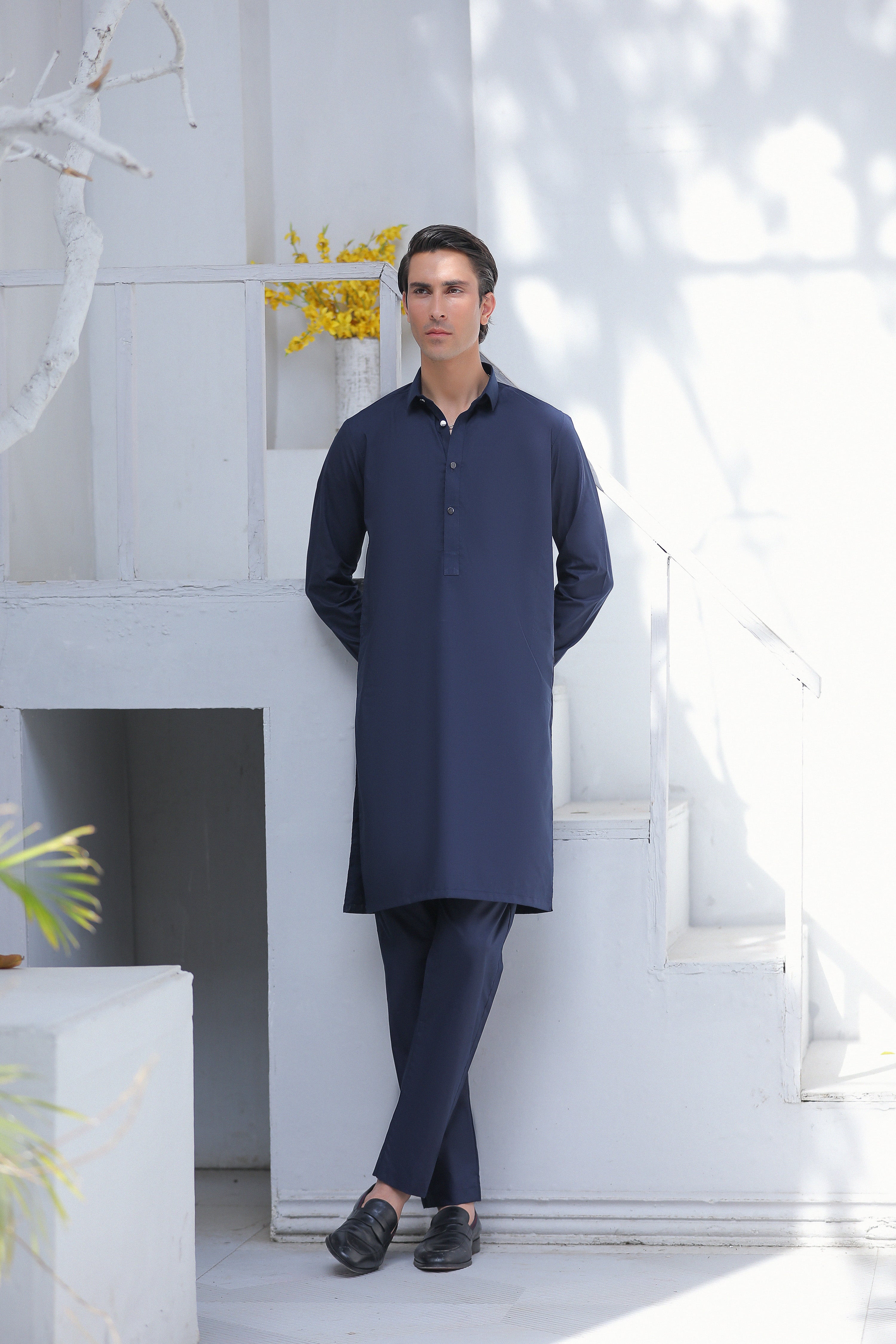 Navy Blue Collar Kurta With Matching Trouser