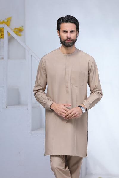 Beige Ban Less Short Kurta Trouser With Front Pleats