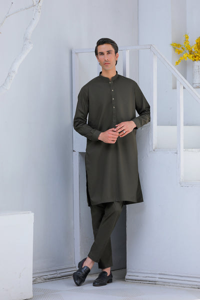 Dark Green Kurta Trouser With Metal Buttons