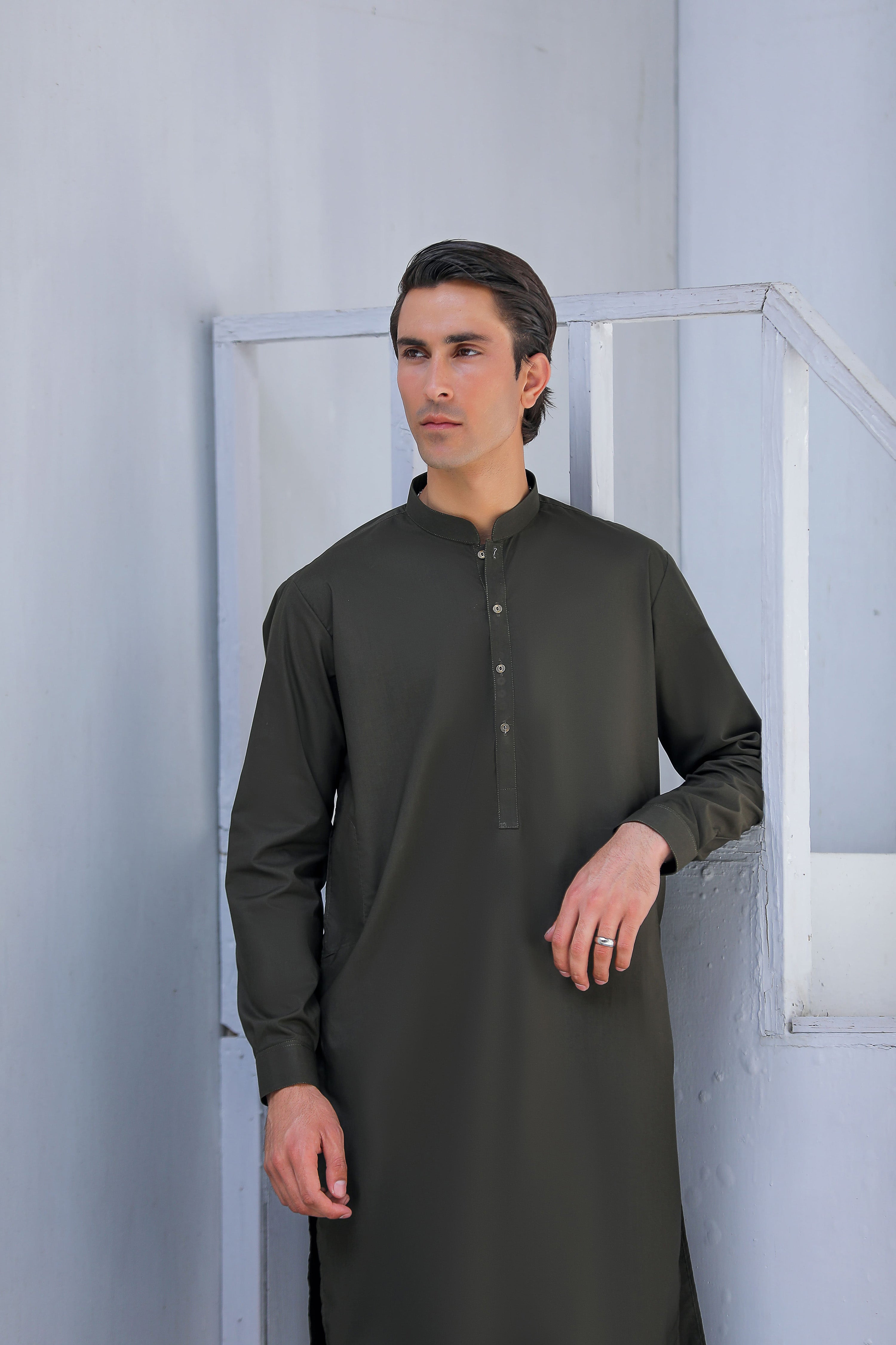 Dark Green Kurta Trouser With Metal Buttons