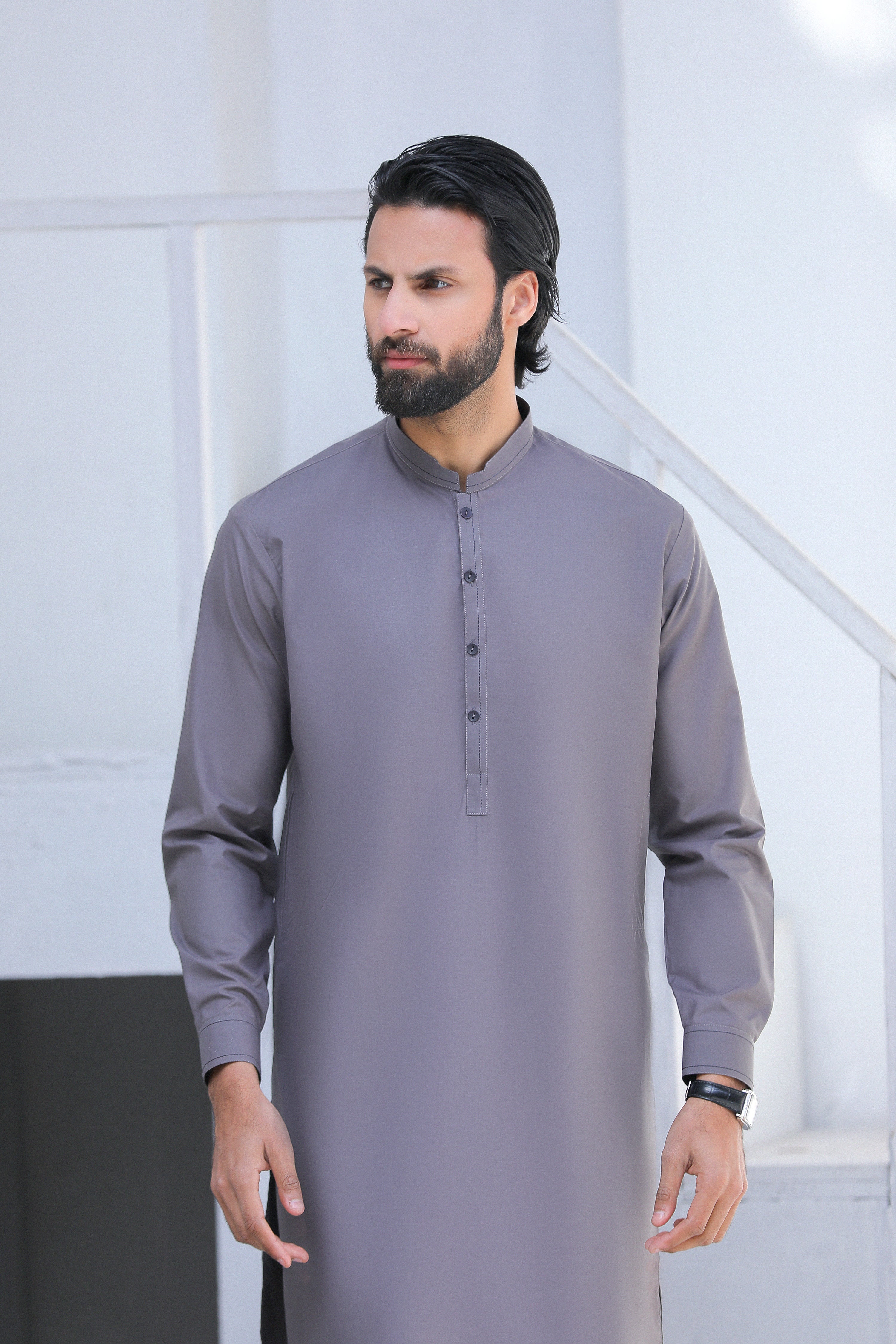 Slate Grey Kurta Trouser With Black Buttons