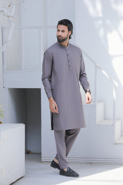 Slate Grey Kurta Trouser With Black Buttons