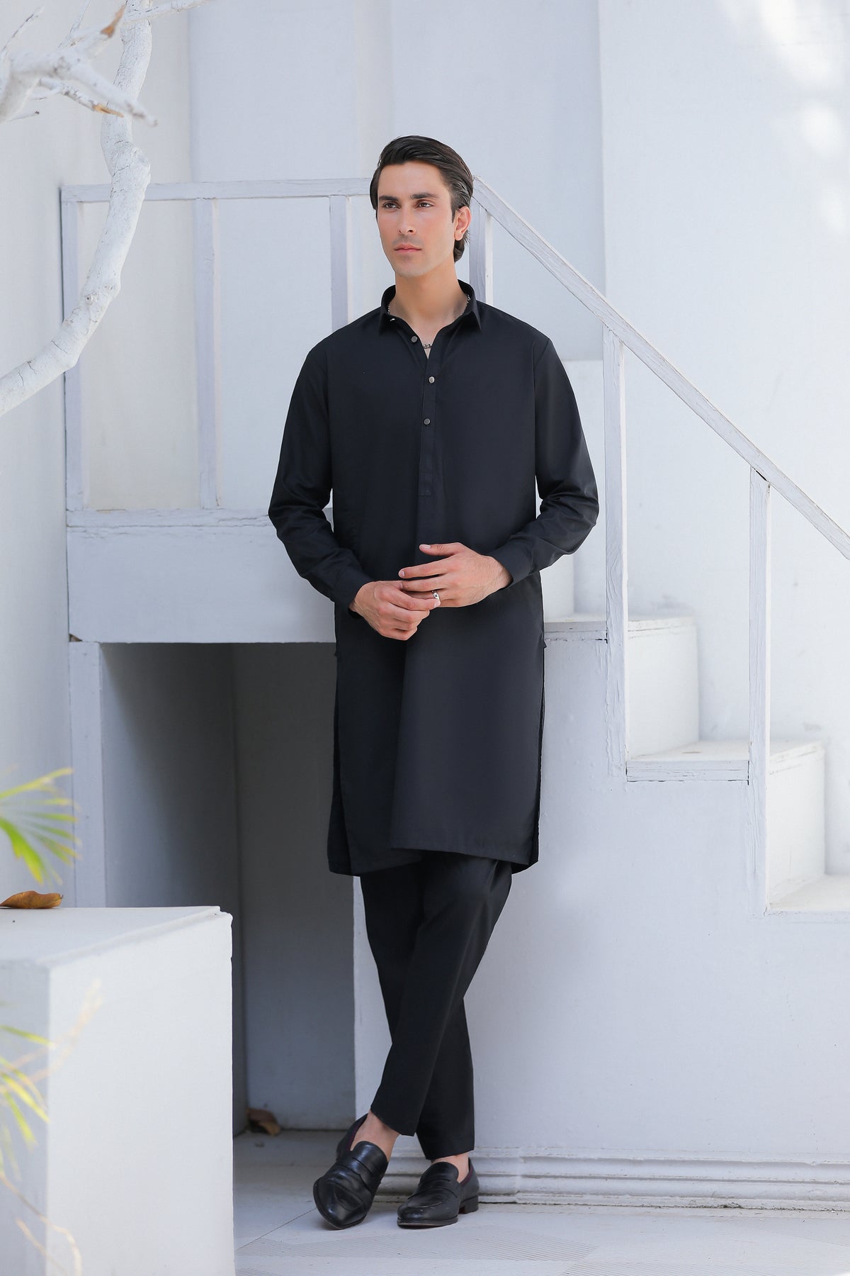 Stitched Collar Kurta With Matching Trouser for Men - Black
