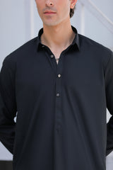 Stitched Collar Kurta With Matching Trouser for Men - Black