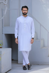 Stitched Sateen Cross Stitch Embroidered Kurta Trouser for Men - White