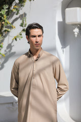 Stitched Signature Logo Shalwar Kameez With Golden Button for Men - Light Brown