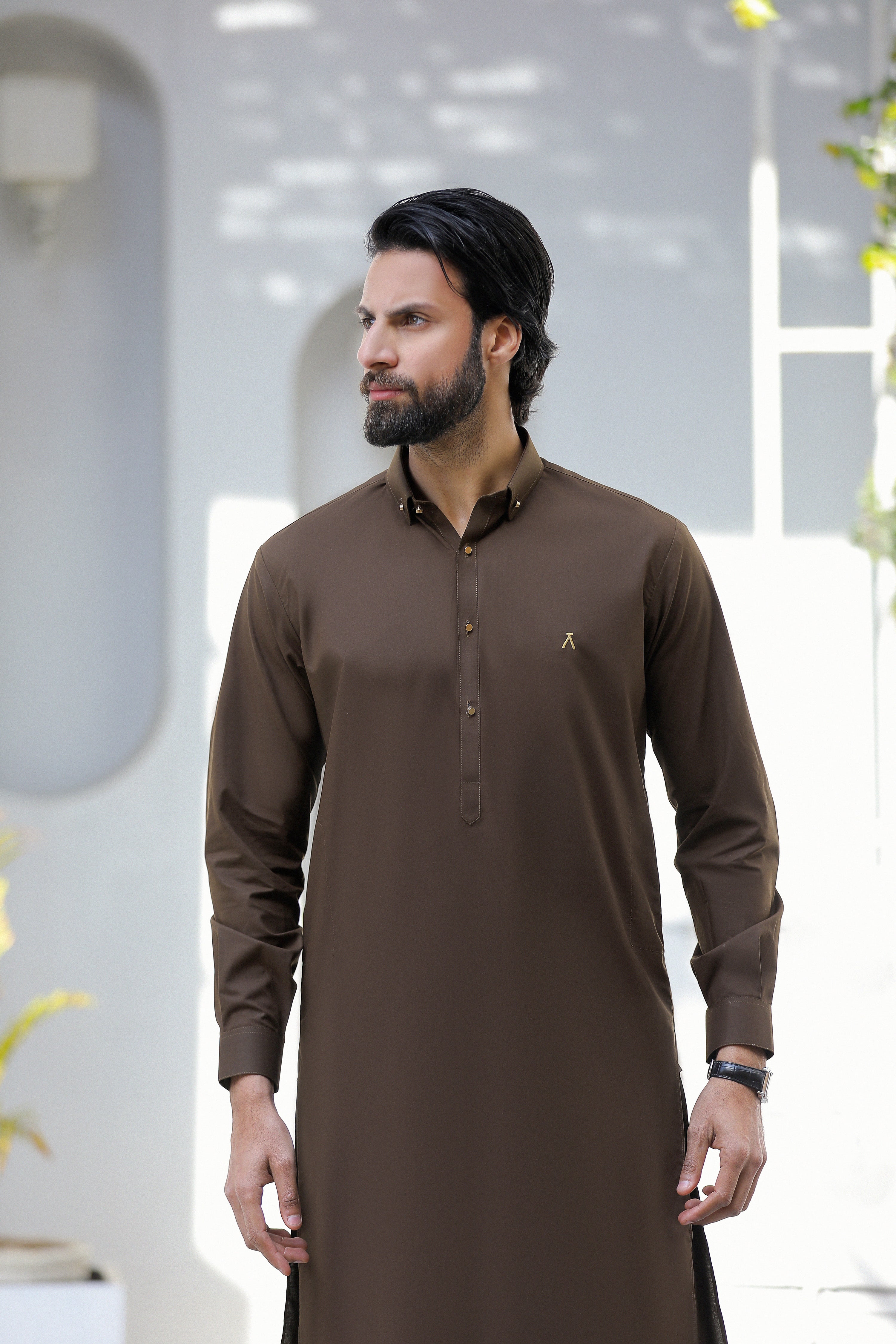 Signature Logo Chocolate Shalwar Kameez With Golden Buttons