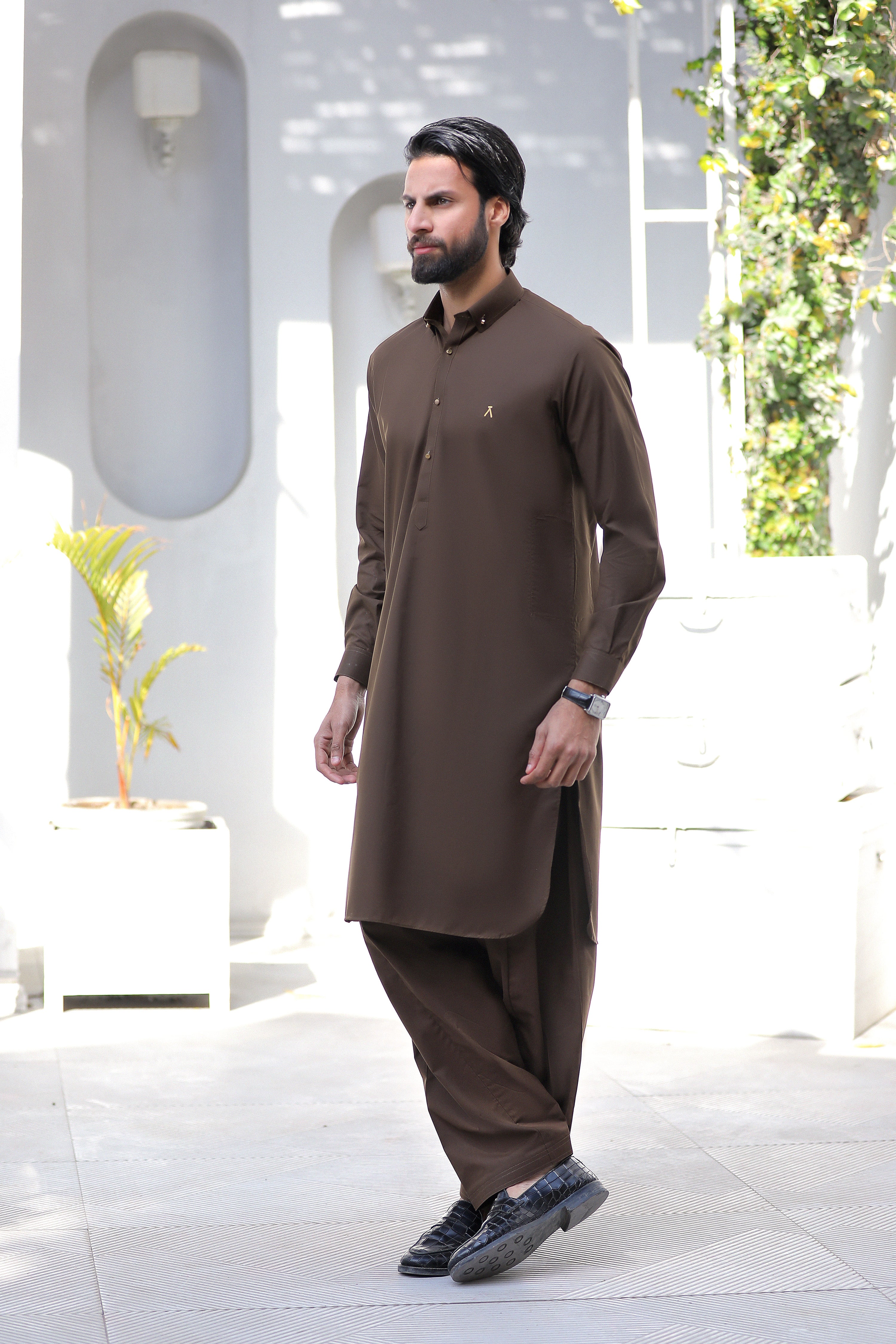 Signature Logo Chocolate Shalwar Kameez With Golden Buttons