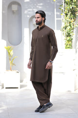 Stitched Signature Logo Shalwar Kameez With Golden Buttons for Men -  Chocolate
