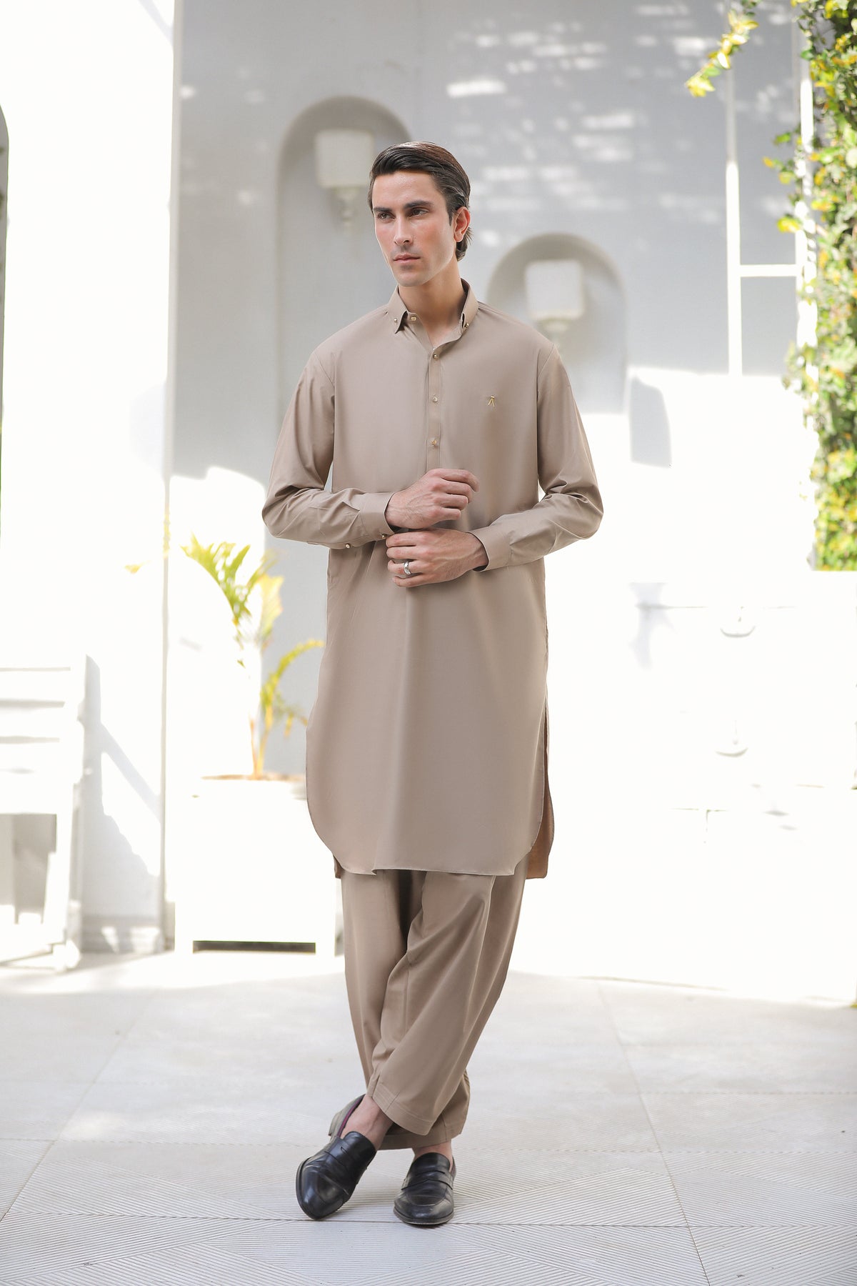 Stitched Signature Logo Shalwar Kameez With Golden Button for Men - Light Brown