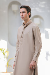 Stitched Signature Logo Shalwar Kameez With Golden Button for Men - Light Brown