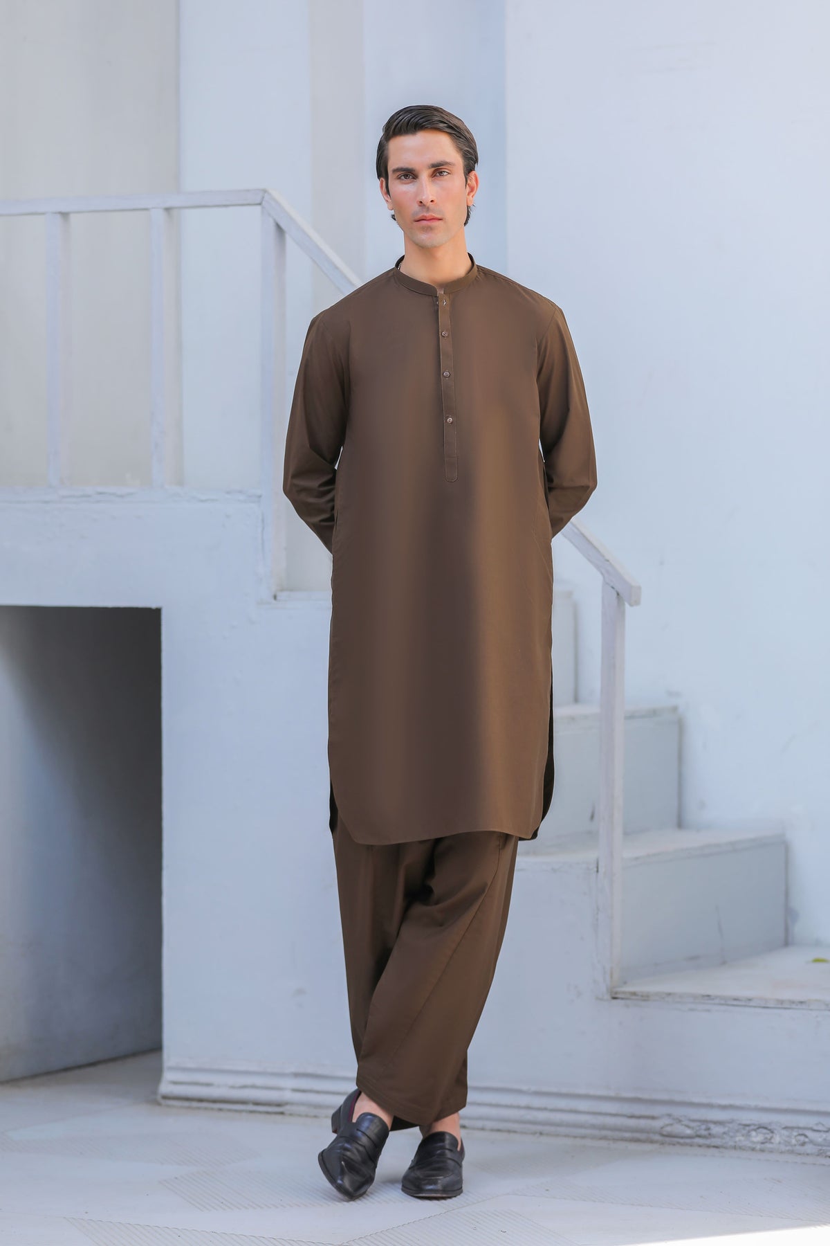 Stitched Blended Kurta Shalwar for Men - Dark Brown