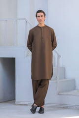 Stitched Blended Kurta Shalwar for Men - Dark Brown