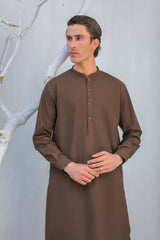 Stitched Blended Kurta Shalwar for Men - Dark Brown