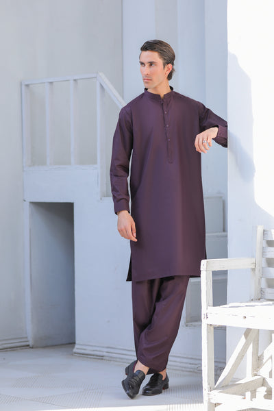 Dark Purple Kameez Shalwar With Self Detailing