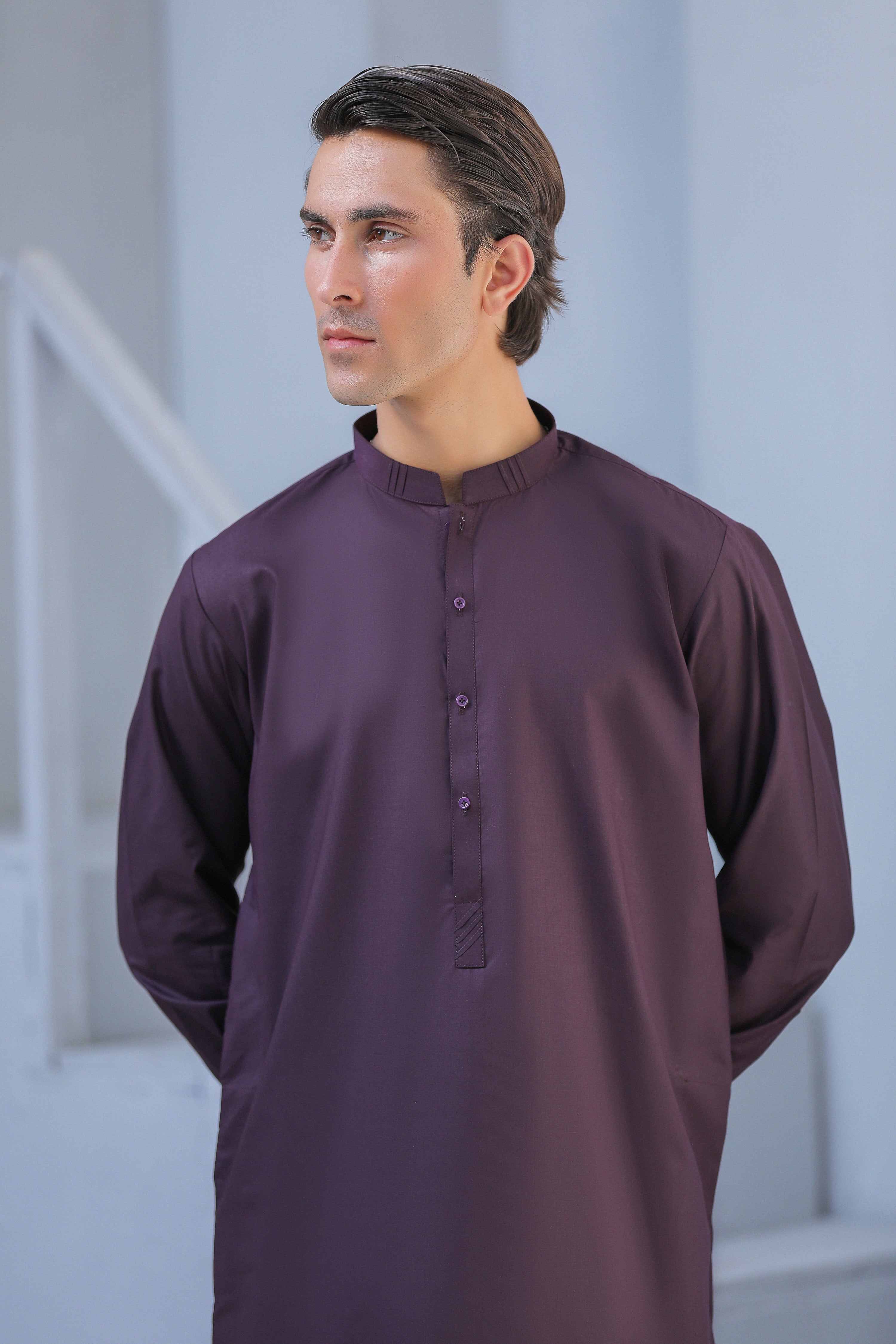 Dark Purple Kameez Shalwar With Self Detailing