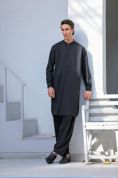 Black Blended Kameez Shalwar With Matching Metal Buttons