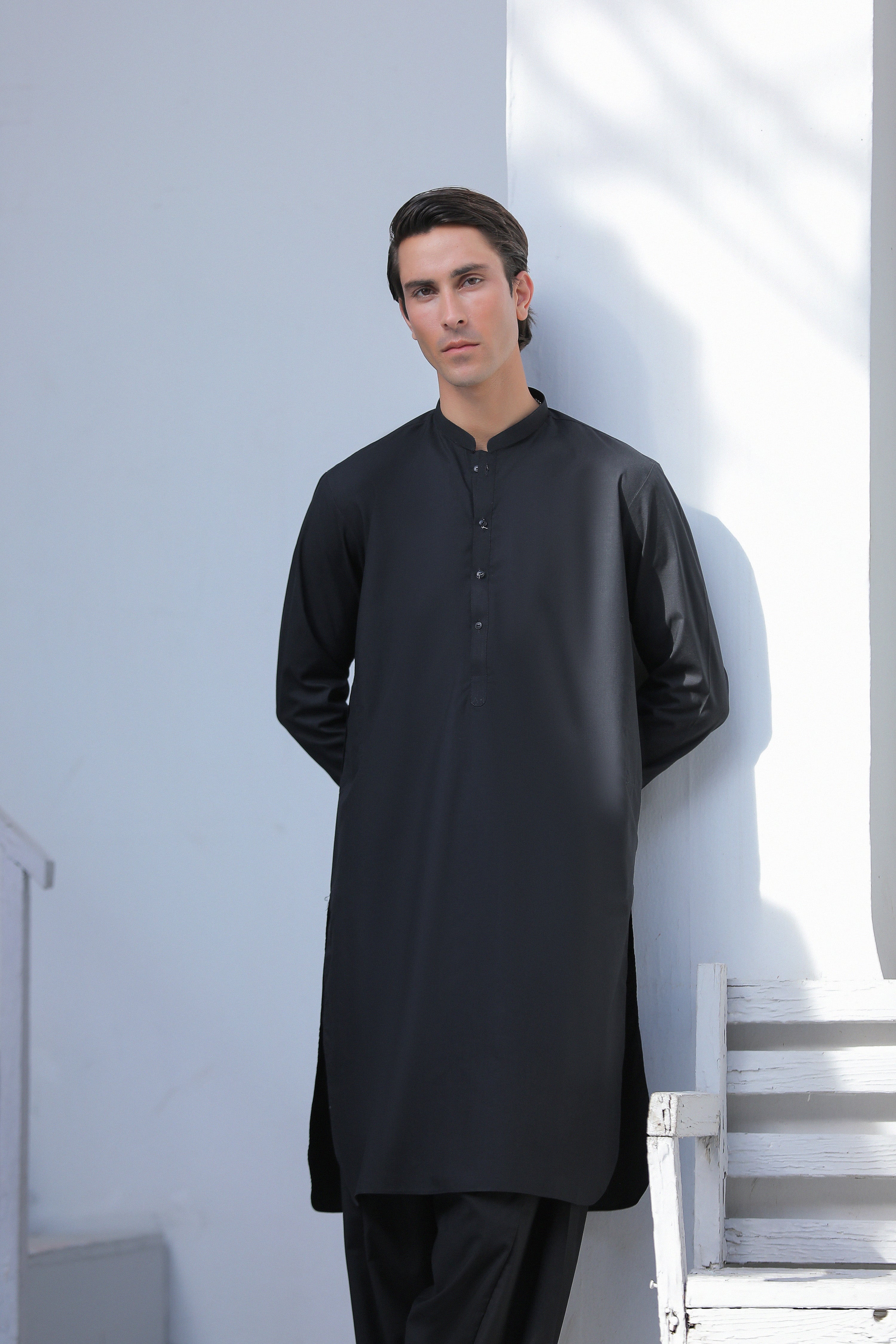 Black Blended Kameez Shalwar With Matching Metal Buttons