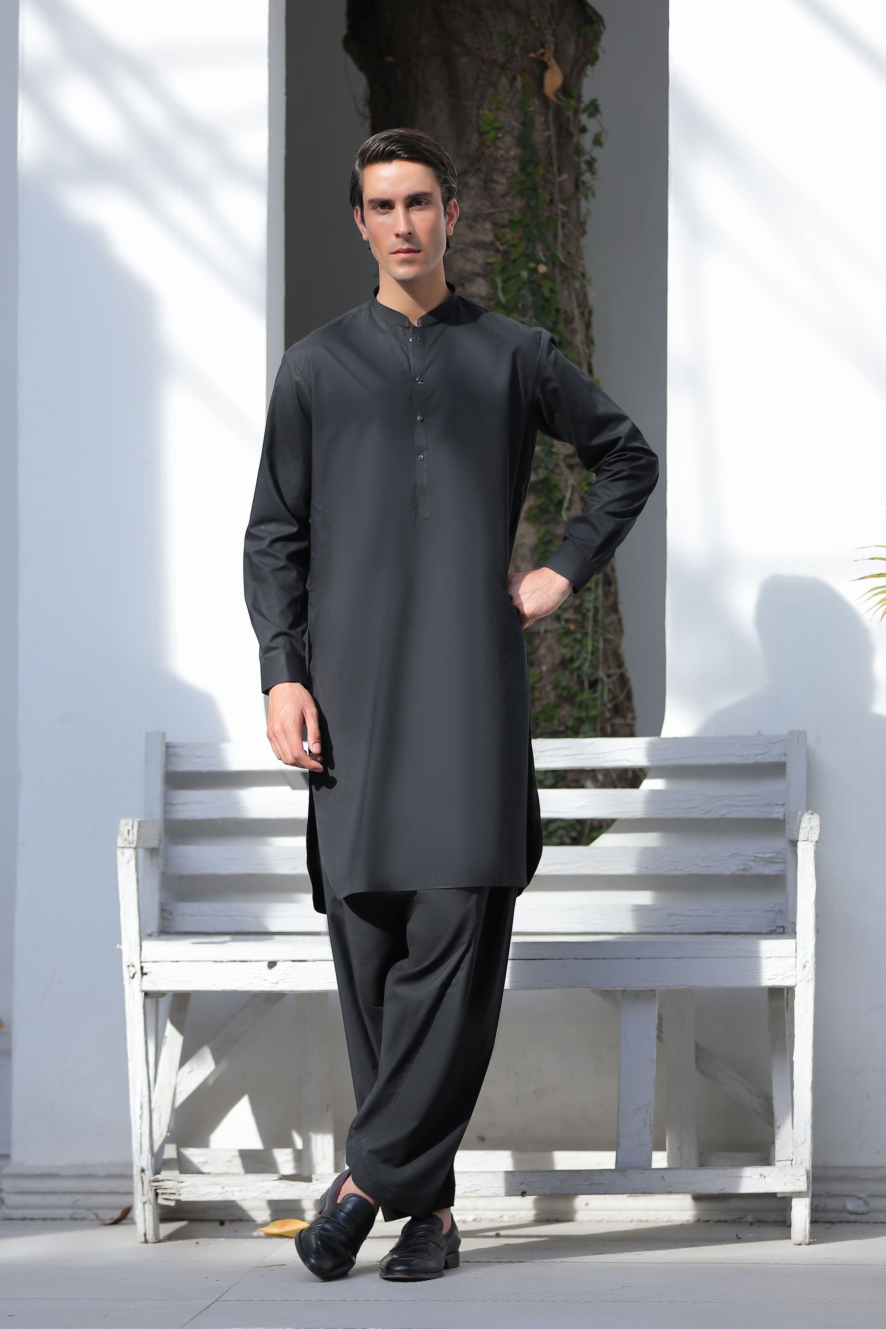 Black Blended Kameez Shalwar With Matching Metal Buttons