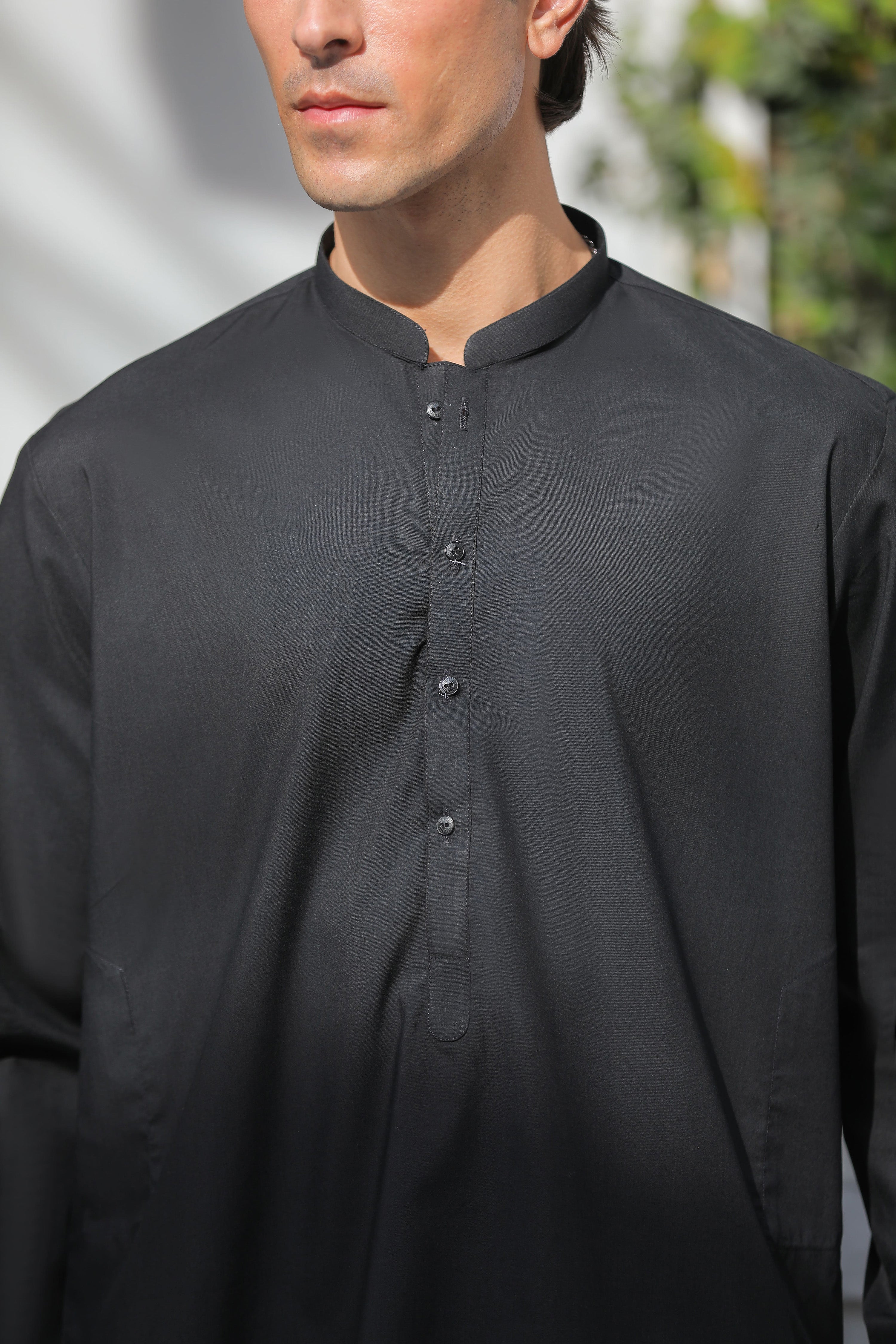 Black Blended Kameez Shalwar With Matching Metal Buttons