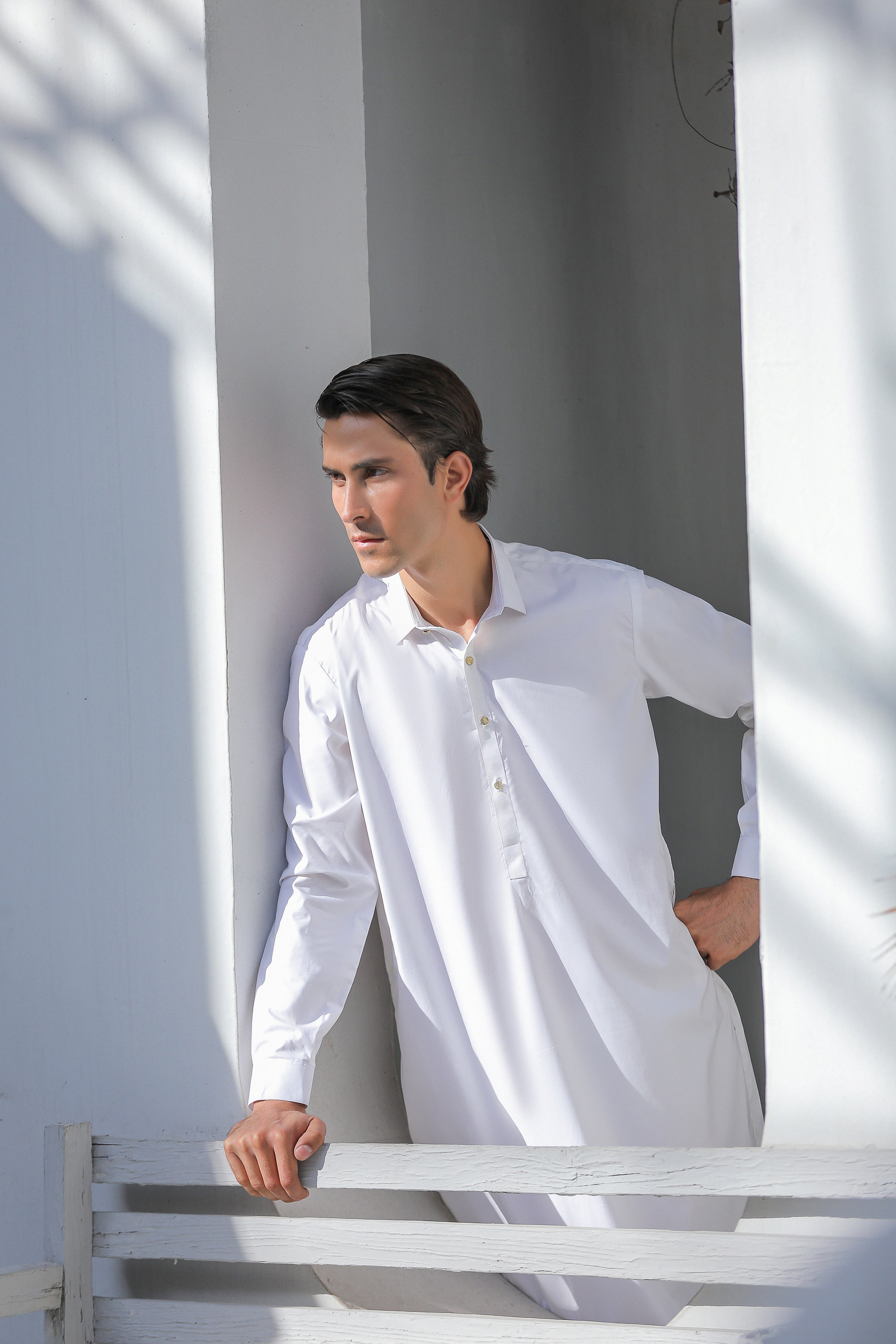 Off White Collar Kurta Trouser With Golden Button