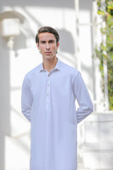 Stitched Collar Kurta Trouser With Golden Button for Men - Off White