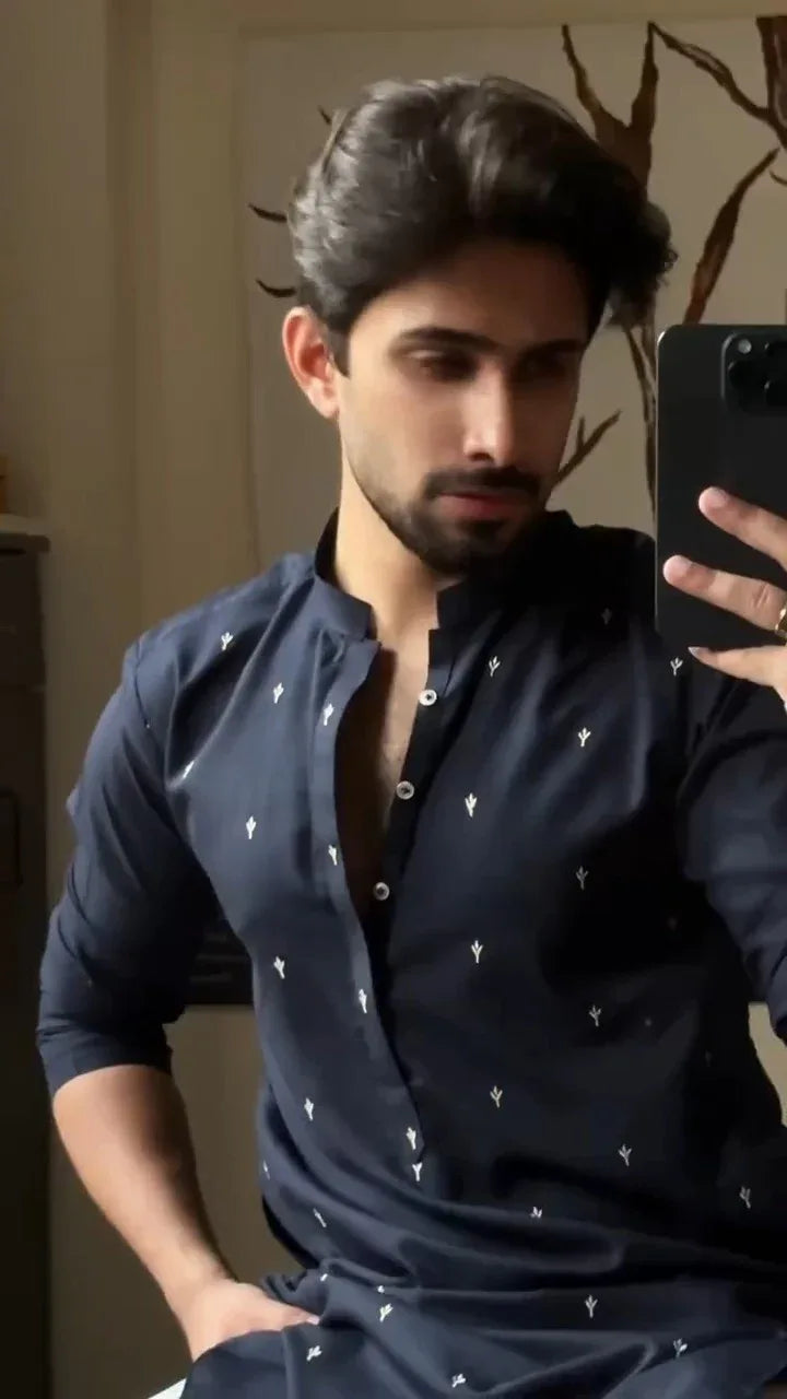 Stitched Embroidered Kurta With Trouser for Men - Navy Blue - A Man