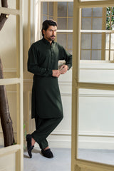Stitched Collar Kameez Shalwar for Men - Bottle Green