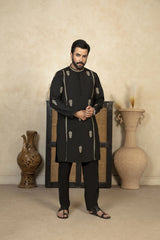 Premium Embroidered Kameez Shalwar With Golden Thread Detailing - Black - A Man