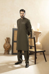 Premium Kameez Shalwar With Embroidered Placket & Pocket - Olive Green - A Man