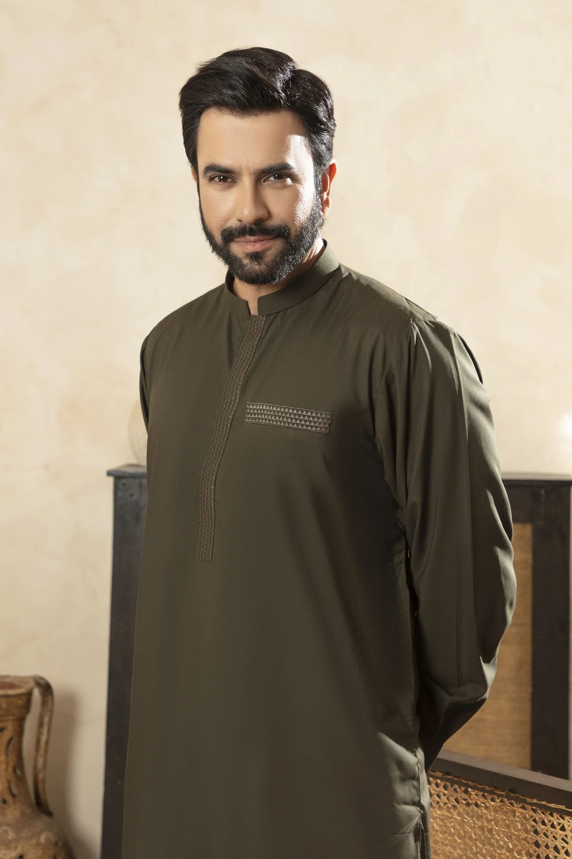 Premium Kameez Shalwar With Embroidered Placket & Pocket - Olive Green - A Man