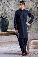 Stitched Button Down Collar Shalwar Kameez for Men - Navy Blue - A Man