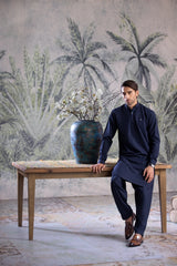 Stitched Button Down Collar Shalwar Kameez for Men - Navy Blue - A Man