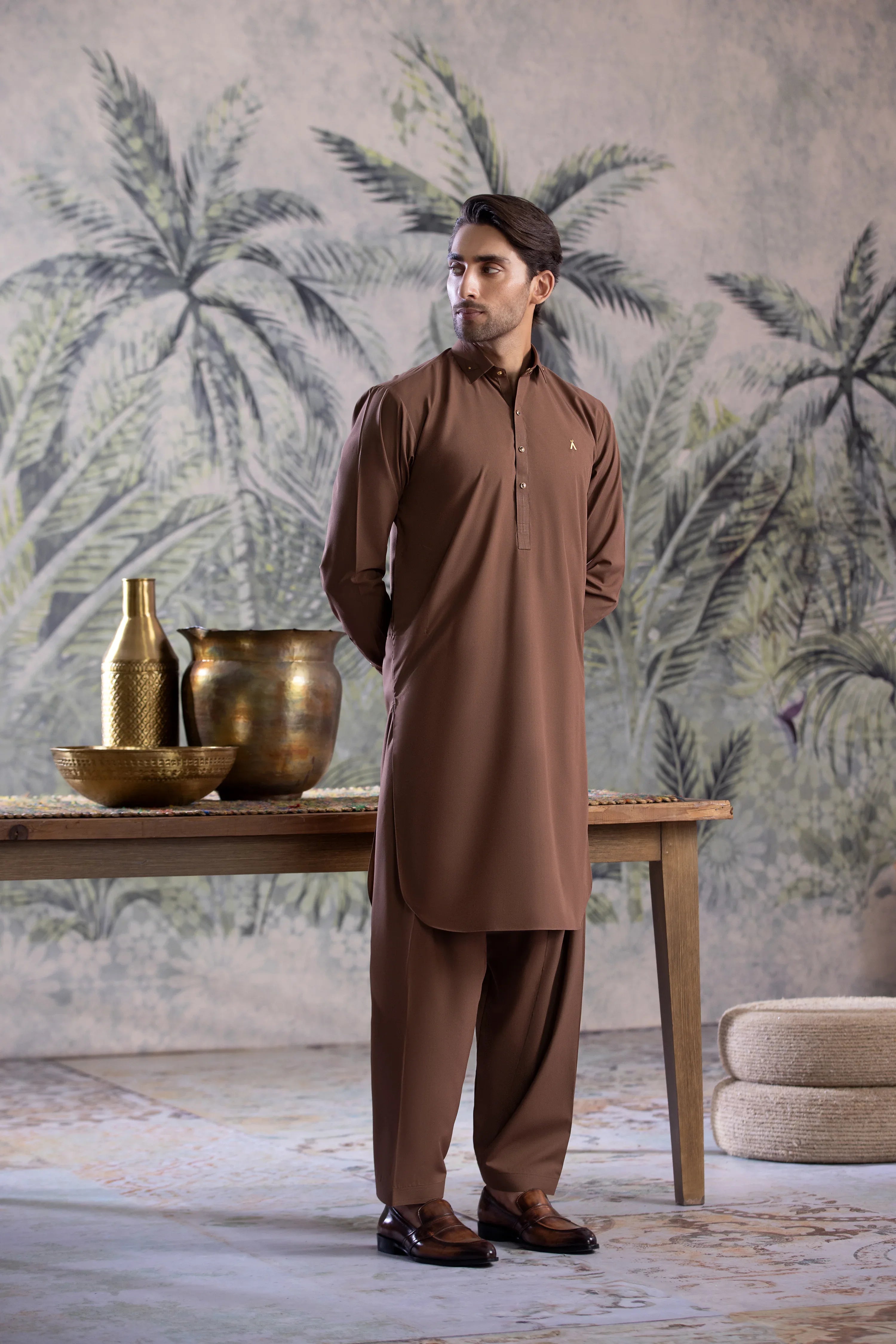 Stitched Collar Kameez Shalwar With Metal Buttons for Men - Brown - A Man