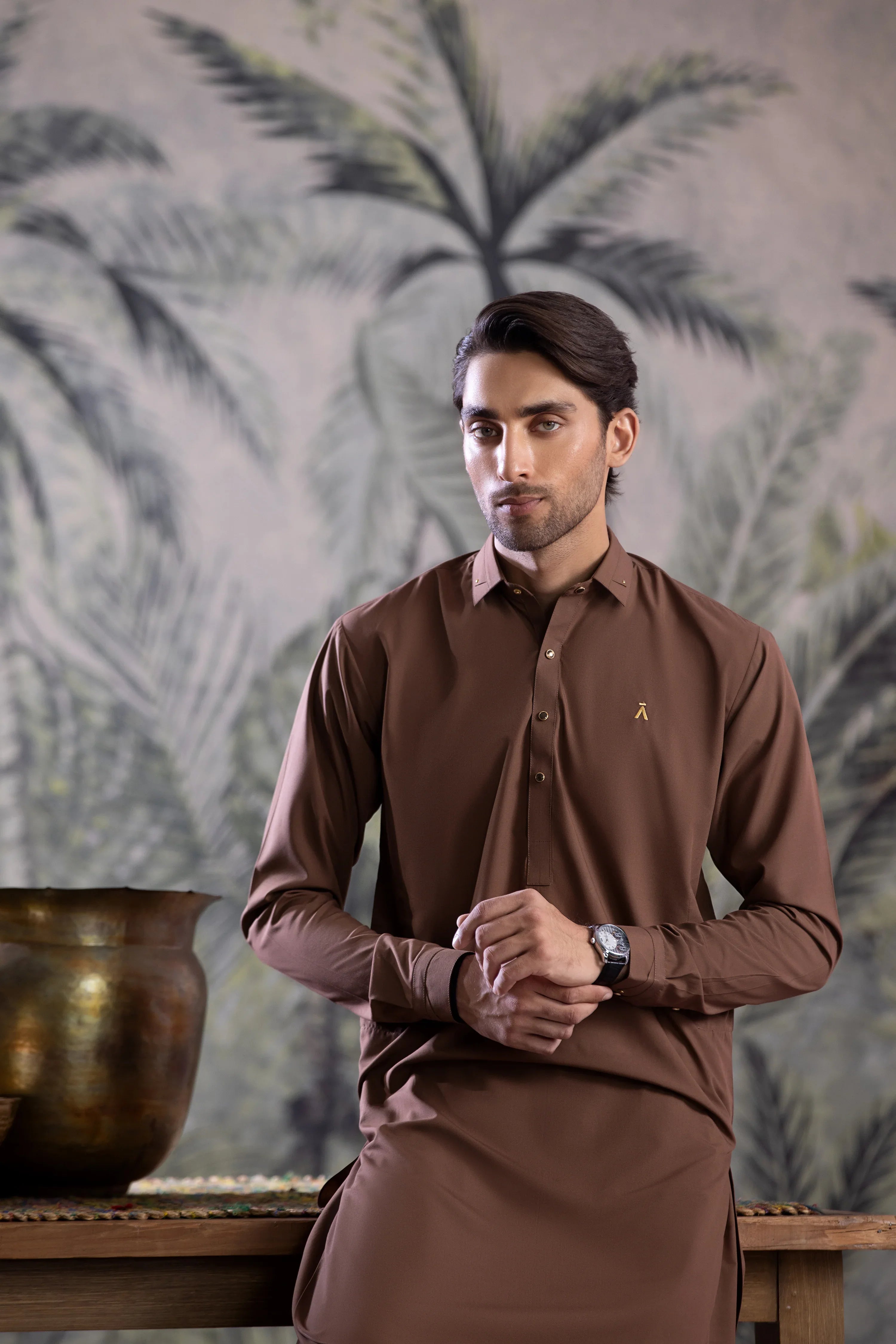 Stitched Collar Kameez Shalwar With Metal Buttons for Men - Brown - A Man