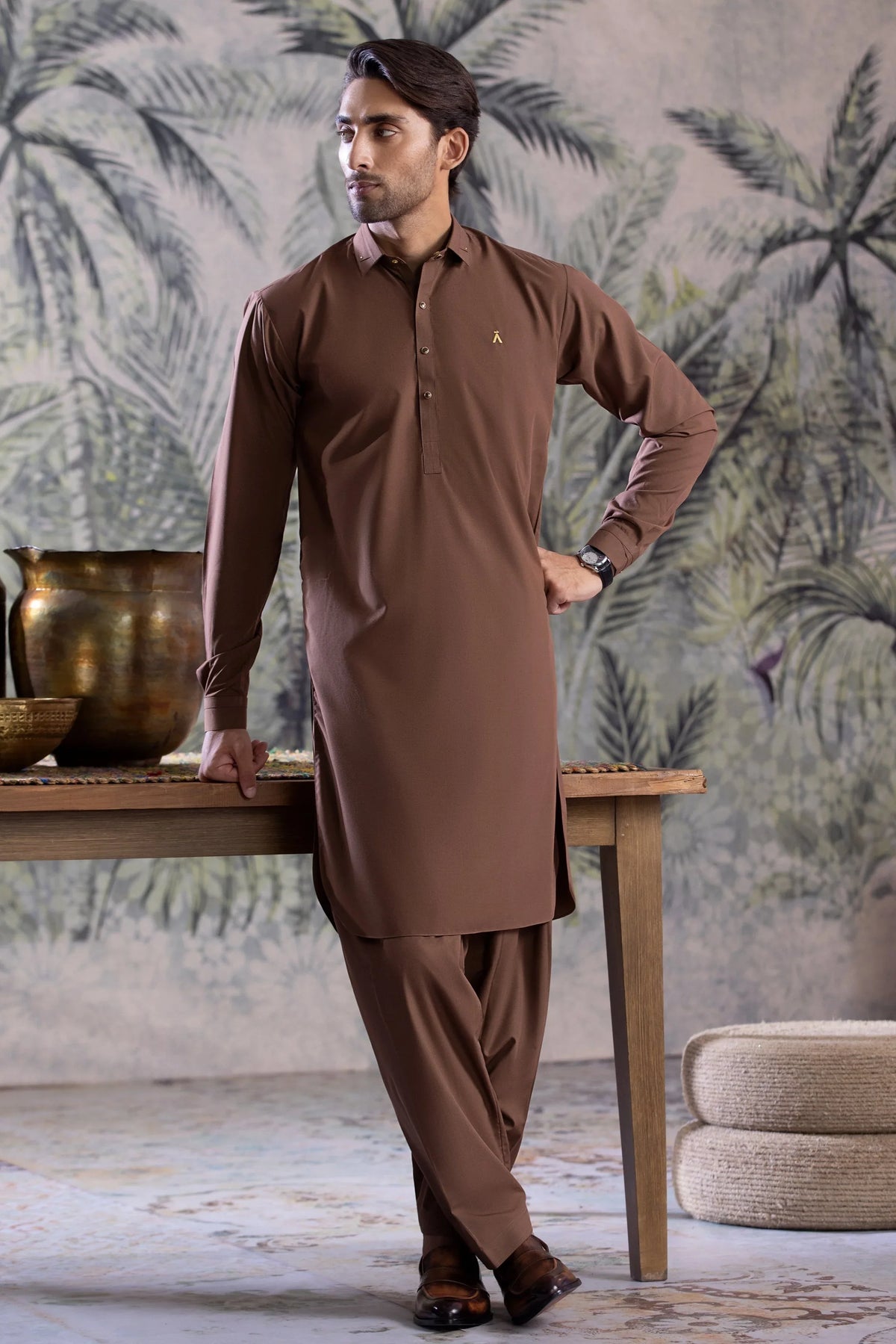 Stitched Collar Kameez Shalwar With Metal Buttons for Men - Brown - A Man