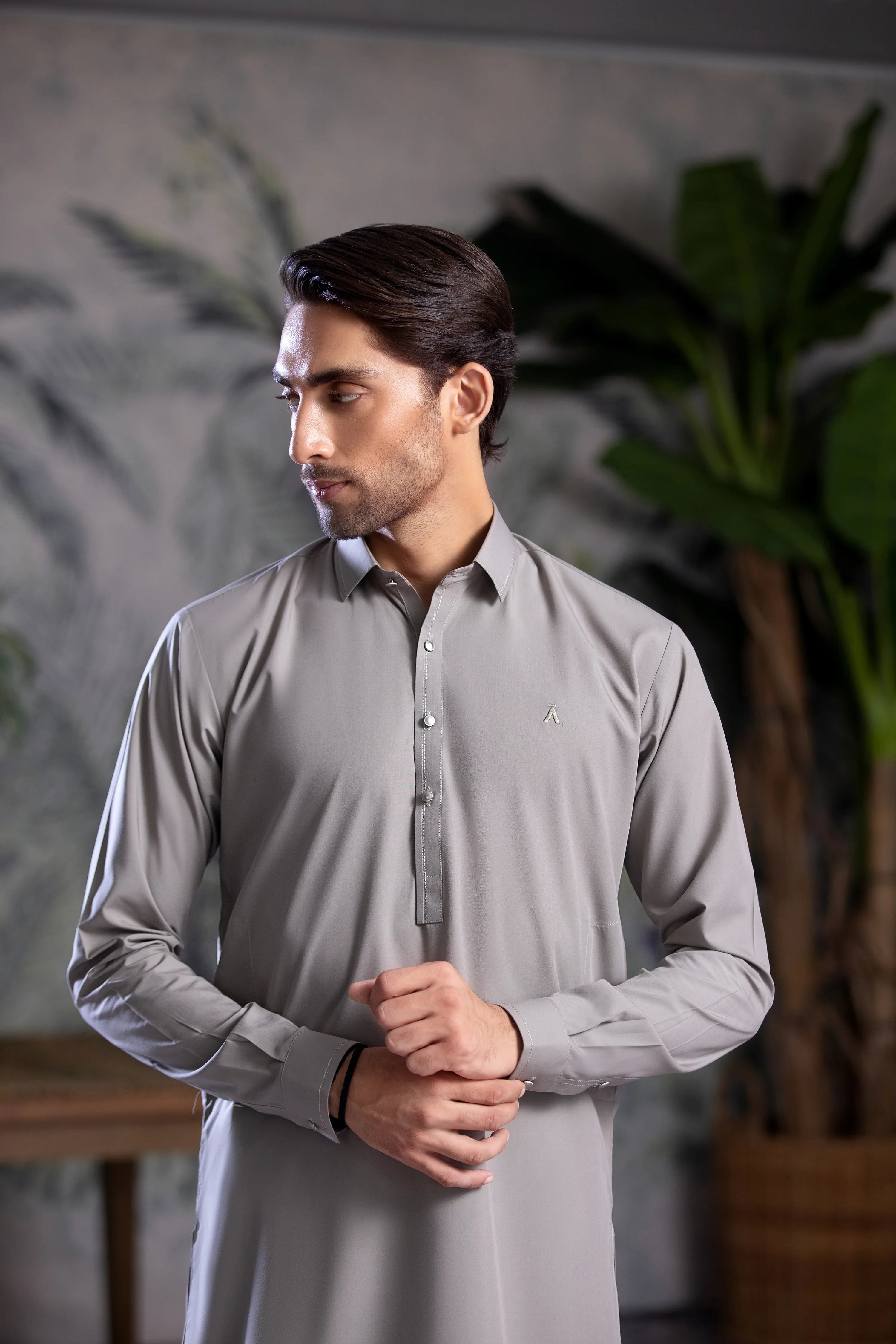Stitched Collar Kameez With Matching Shalwar for Men - Light Grey - A Man
