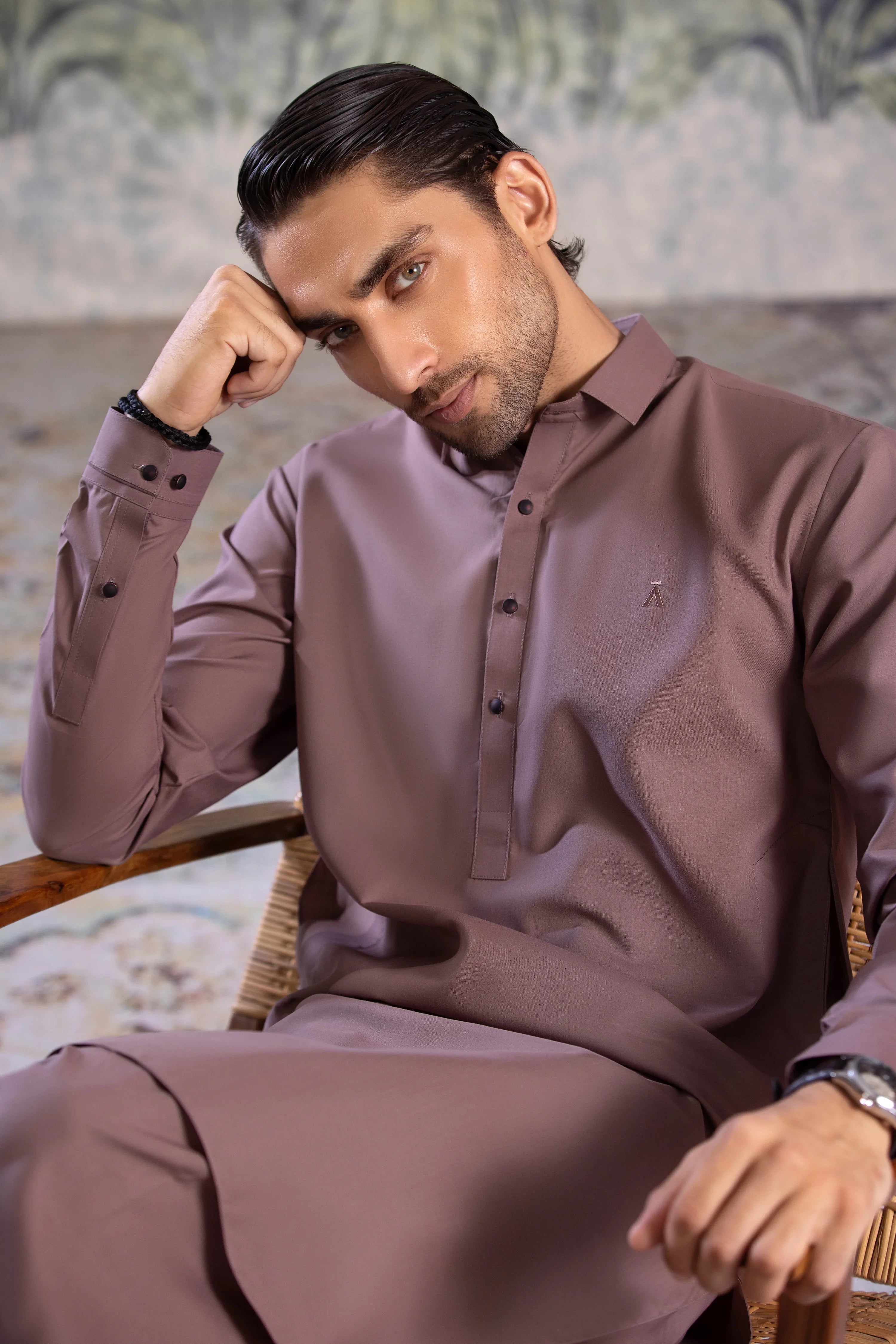 Stitched Collar Kameez With Matching Shalwar for Men - Mauve - A Man