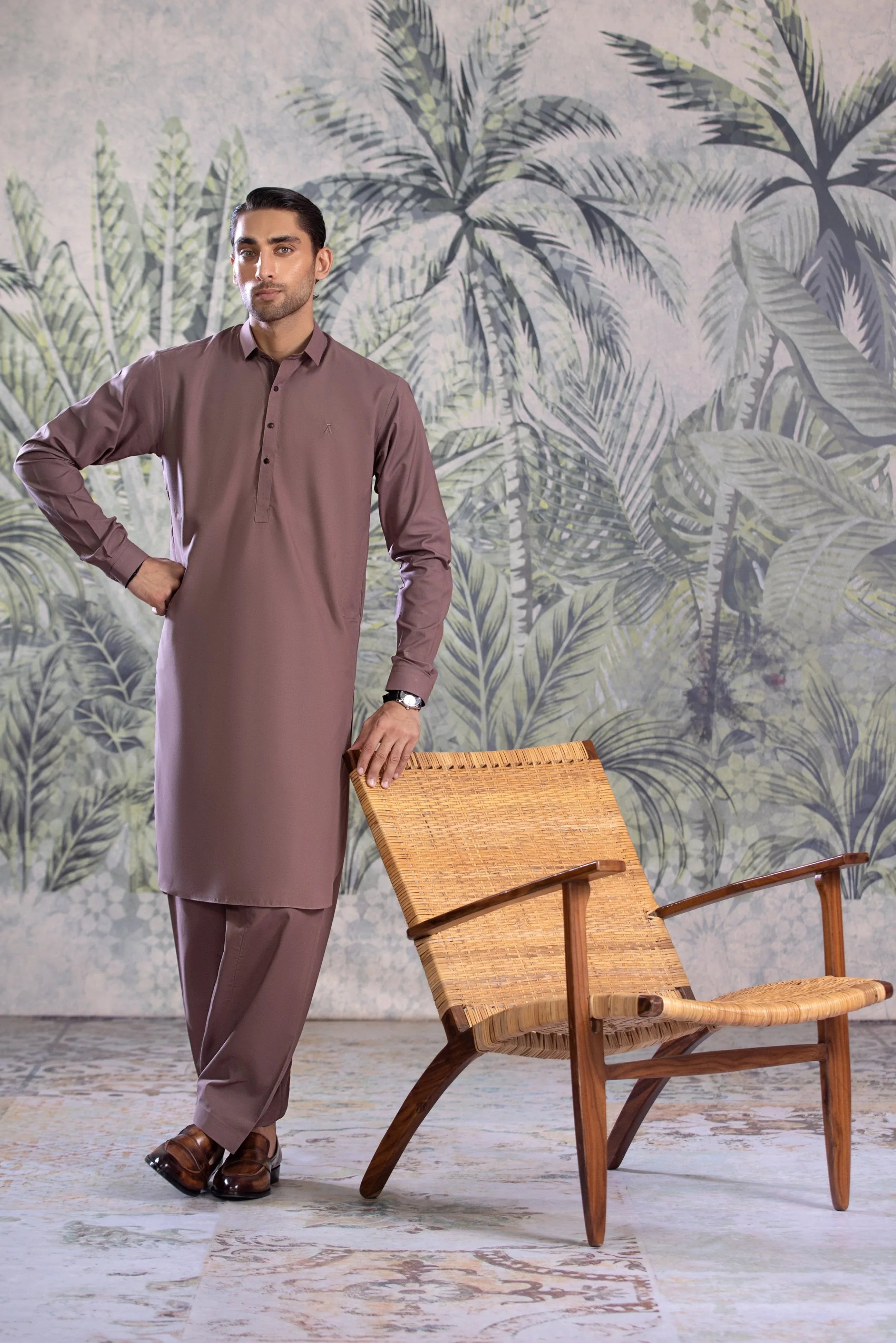 Stitched Collar Kameez With Matching Shalwar for Men - Mauve - A Man