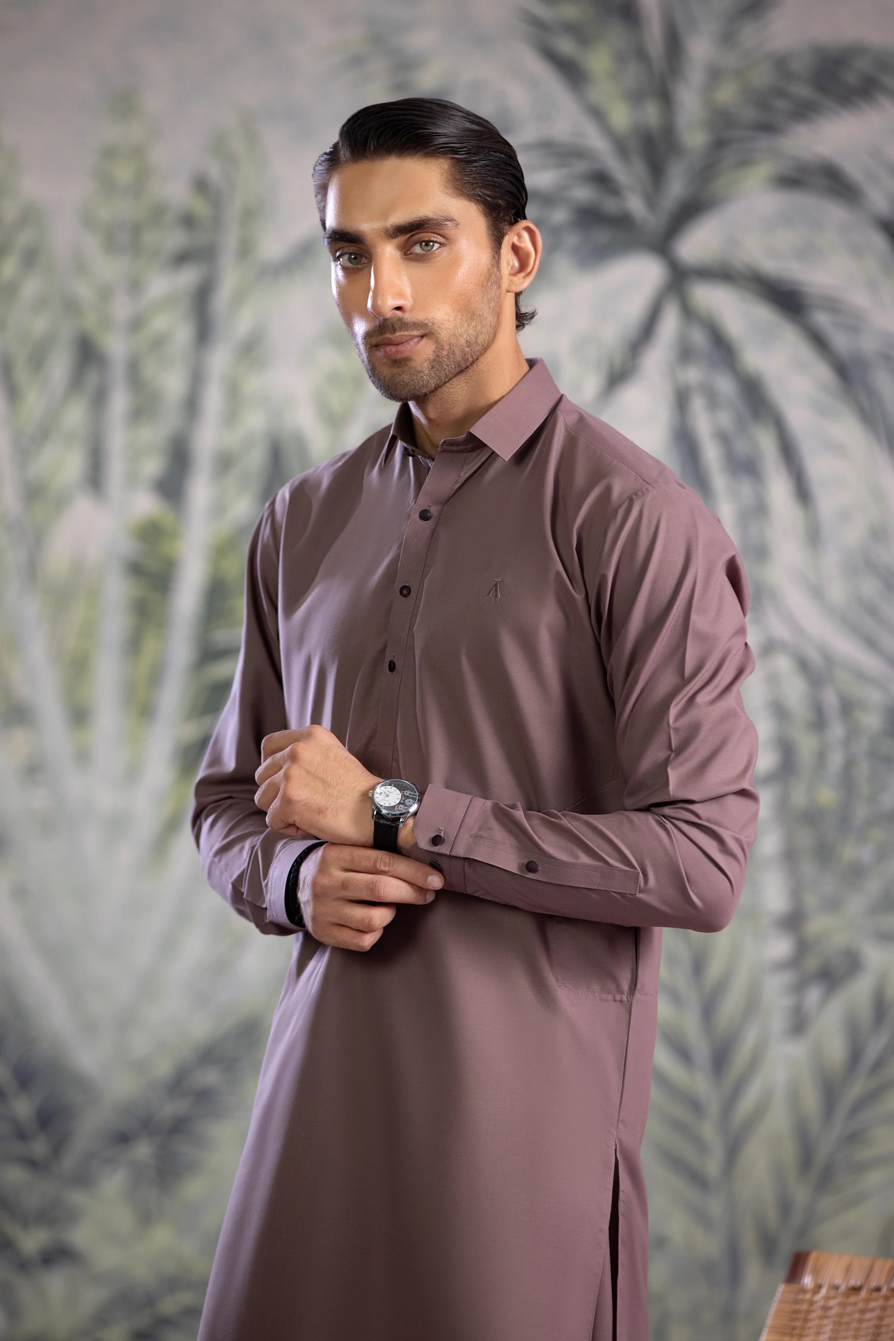 Stitched Collar Kameez With Matching Shalwar for Men - Mauve - A Man
