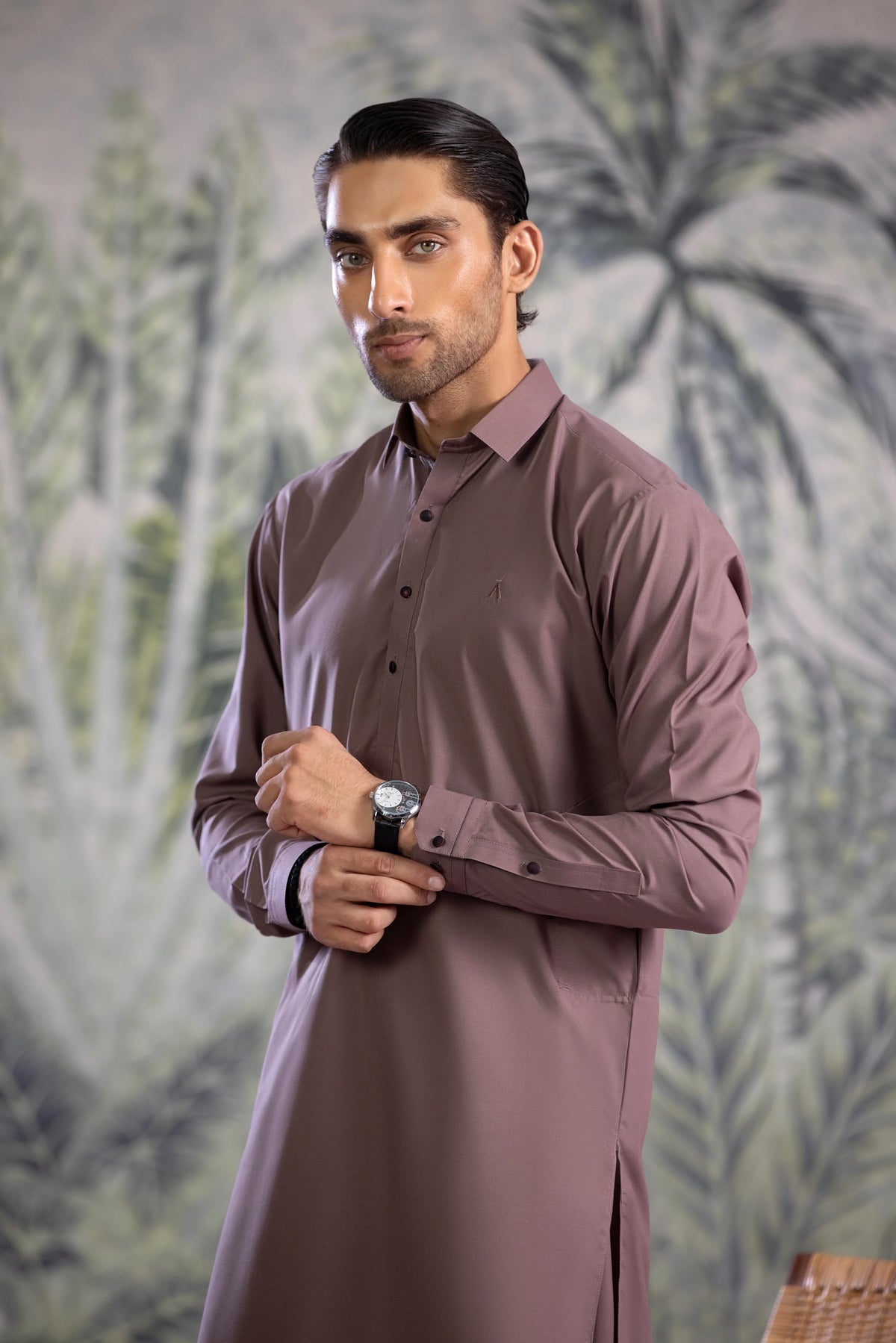 Stitched Collar Kameez With Matching Shalwar for Men - Mauve - A Man
